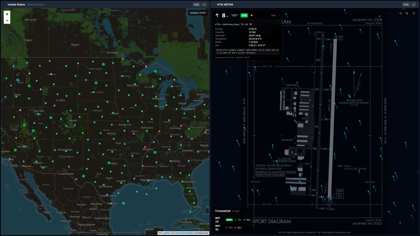 Two-pane MetarBoard Pro layout: US country map alongside KTKI (McKinney) airport detail view