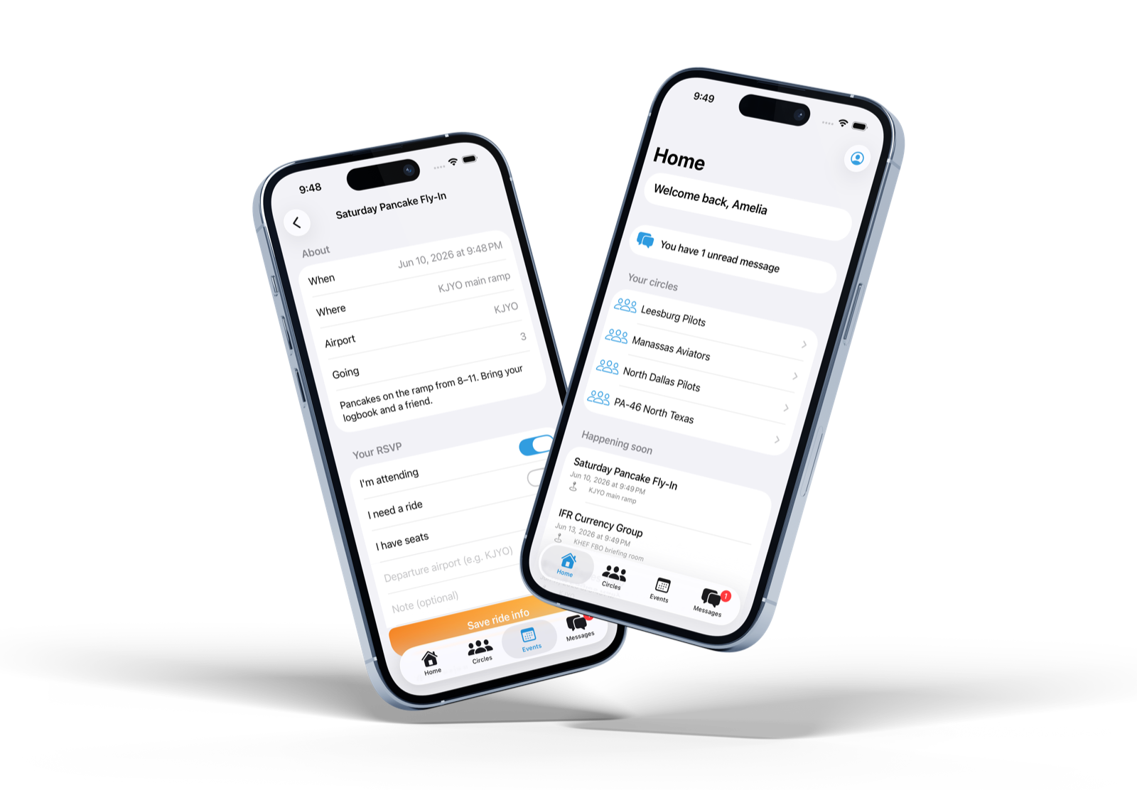 RampMeet on iPhone — the home screen and an event with RSVP
